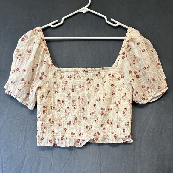 American Eagle Off Shoulder Top Y2K Large Ruffle Sleeve Crop Ruch Floral Boho - Picture 1 of 10